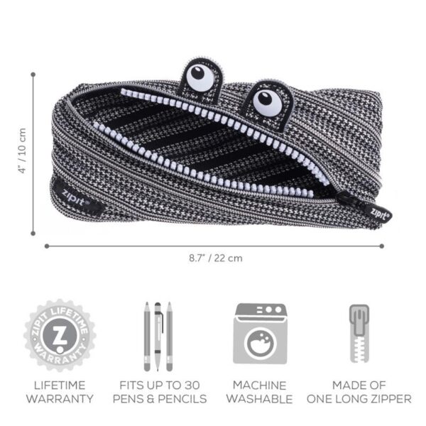 ZIPIT Black & Silver Monster Pencil Case with free mini stickers - Image 2