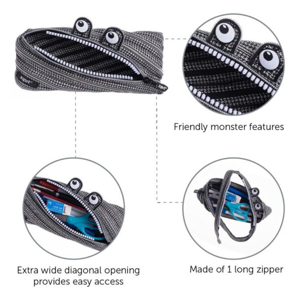 ZIPIT Black & Silver Monster Pencil Case with free mini stickers - Image 3