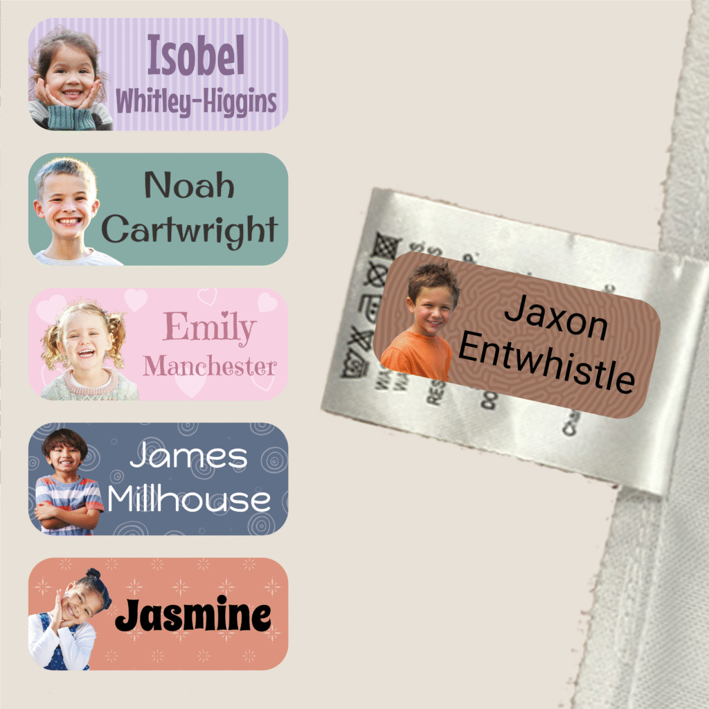 Photo name labels for clothing with personalised image and name