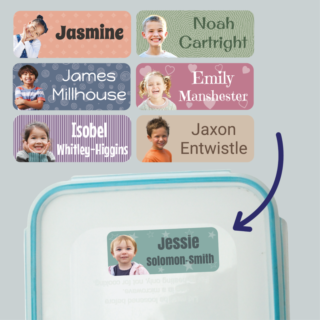 Photo upload name labels for lunch boxes and water bottles with personalised photo